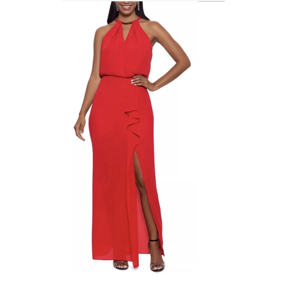 NEW XSCAPE Red RUFFLE‎ CHIFFON Gold Metal NECKLINE Halter EVENING Dress GOWN 4